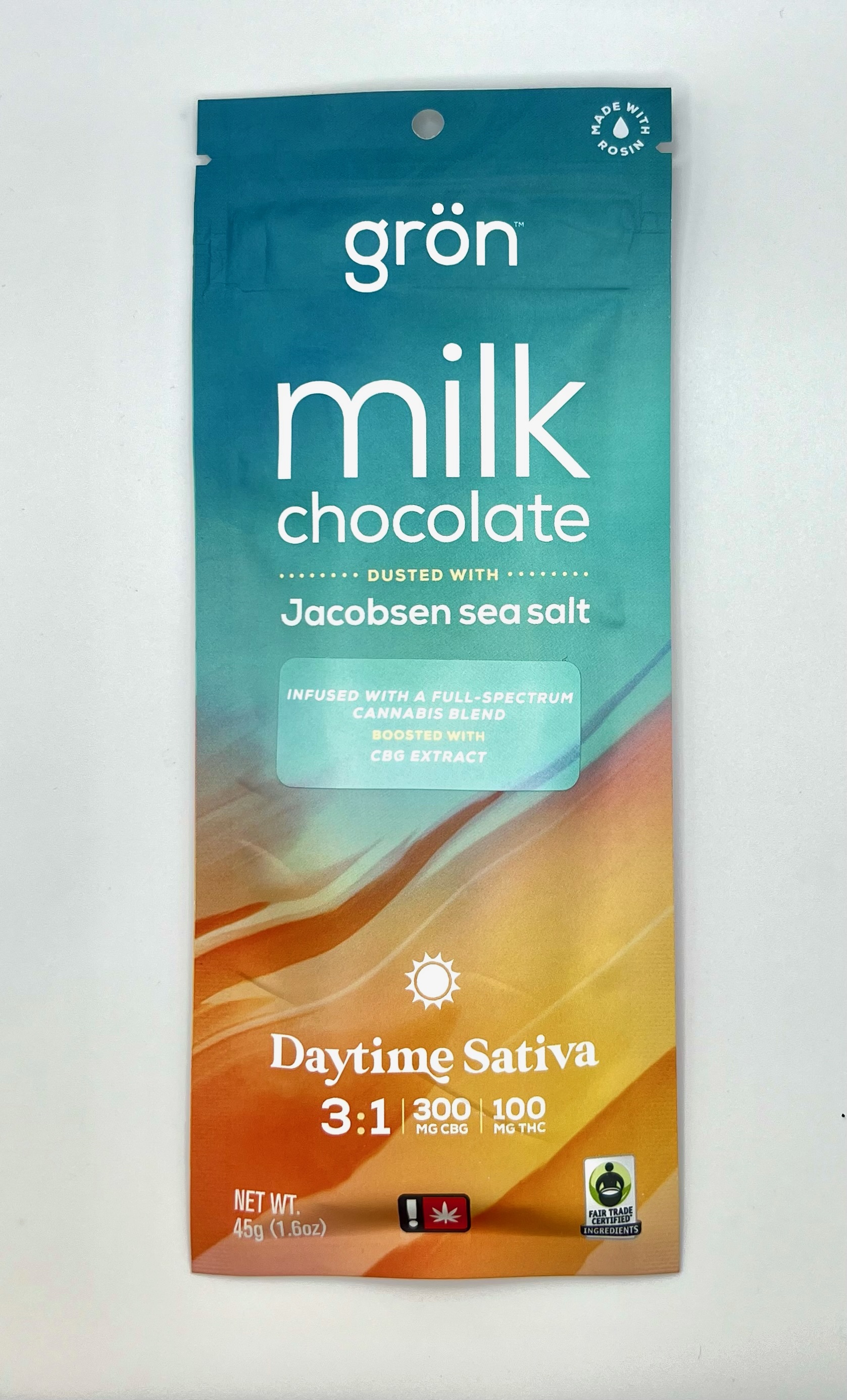 Photograph of product: Gron | Milk Chocolate w/ Sea Salt 3:1 | TH-oui:CBG | Full Spectrum | 100mg Full Chocolate Bar