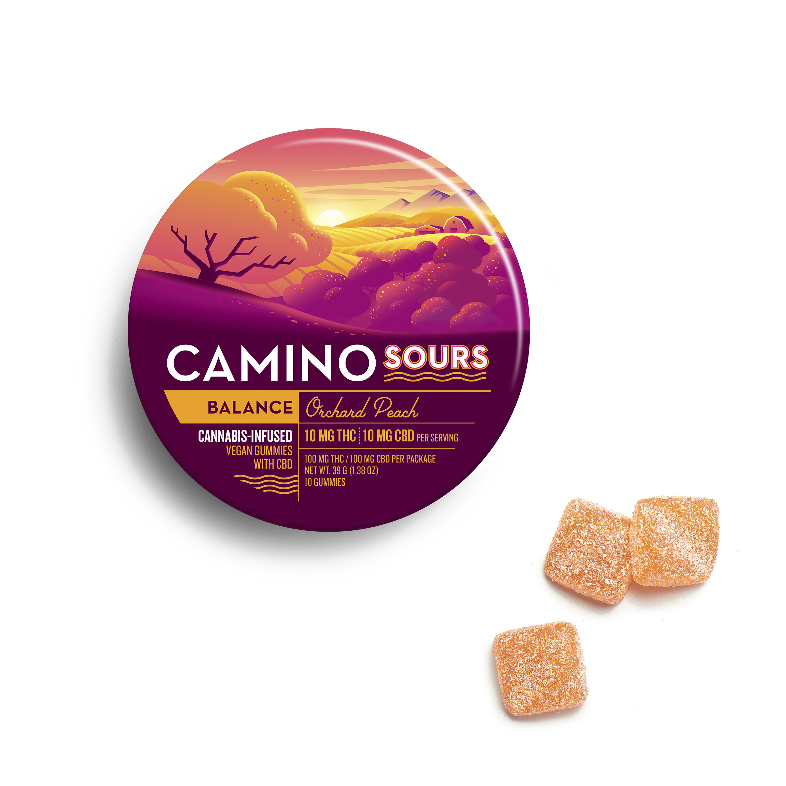 Photograph of product: Kiva Camino Orchard Peach (H) 1:1 CBD:TH-oui Sour Gummies 10mg 10pk