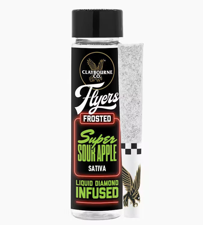 Photograph of product: Claybourne Co Flyers Frosted Super Sour Apple Oui'd Infused Preroll 2pk 1g