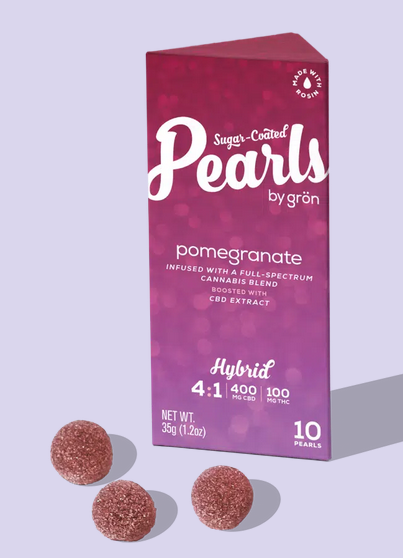 Photograph of product: Grn | "Pearls" 1:4 Pomegranate | 10mgTH-oui:40mgCBD | 10pk