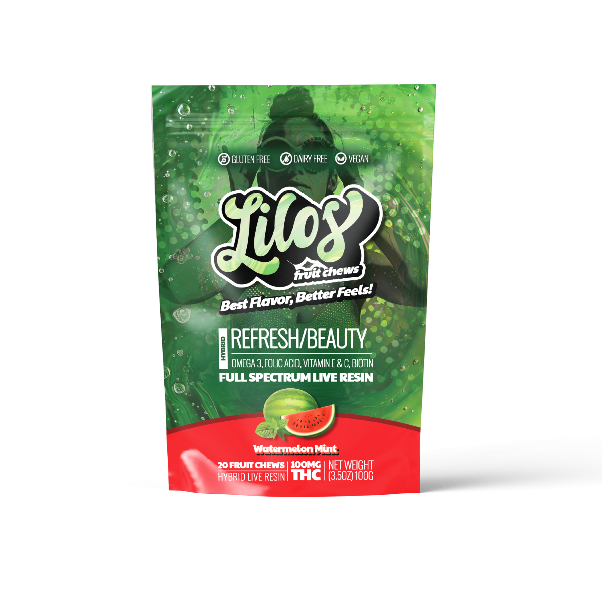 Photograph of product: Lilos | Watermelon Mint Refresh/Beauty Live Resin Gummies | 20 Pack