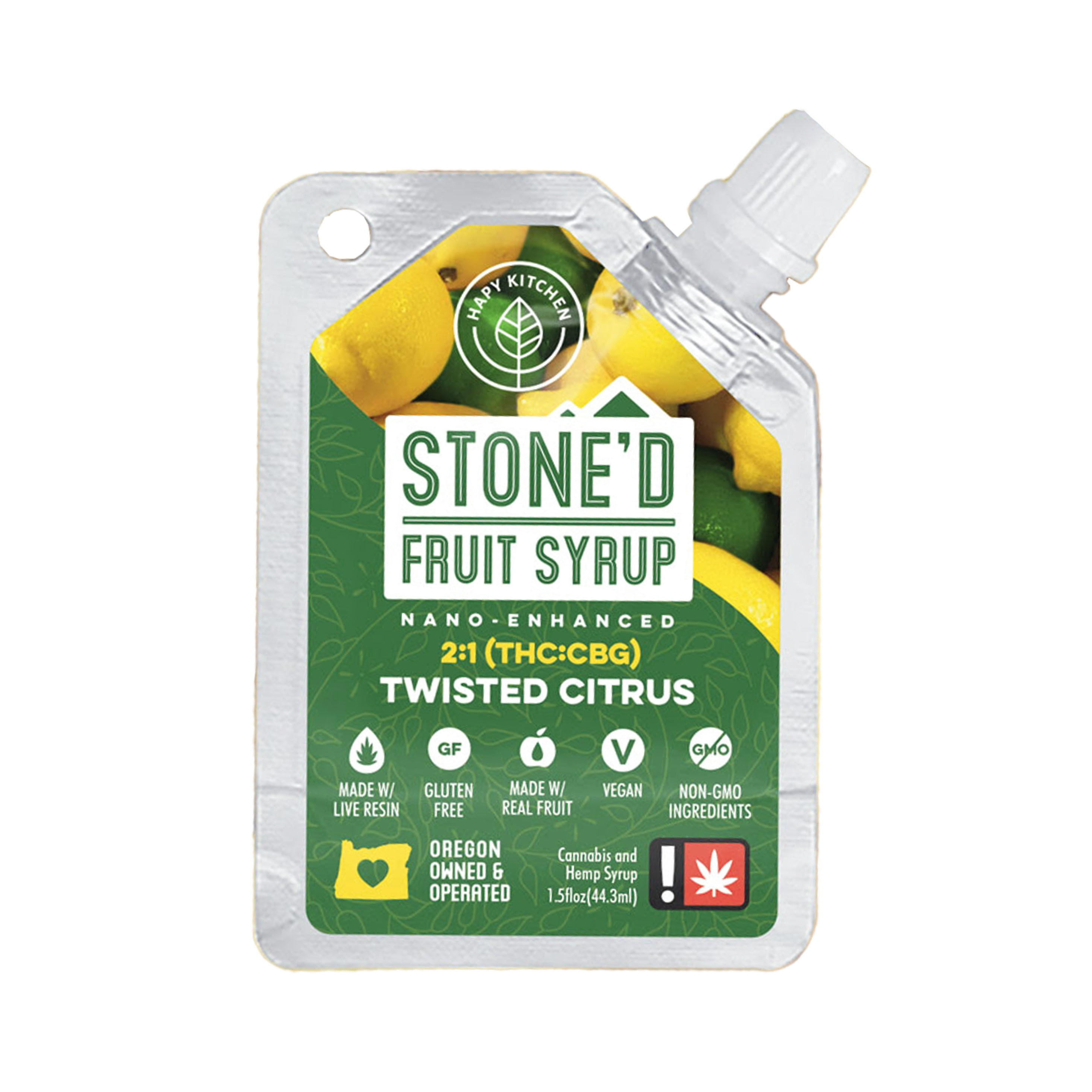 Photograph of Product: Hapy Kitchen 250mg 2:1 THC:CBG TWISTED CITRUS Stone'd Fruit Syrup