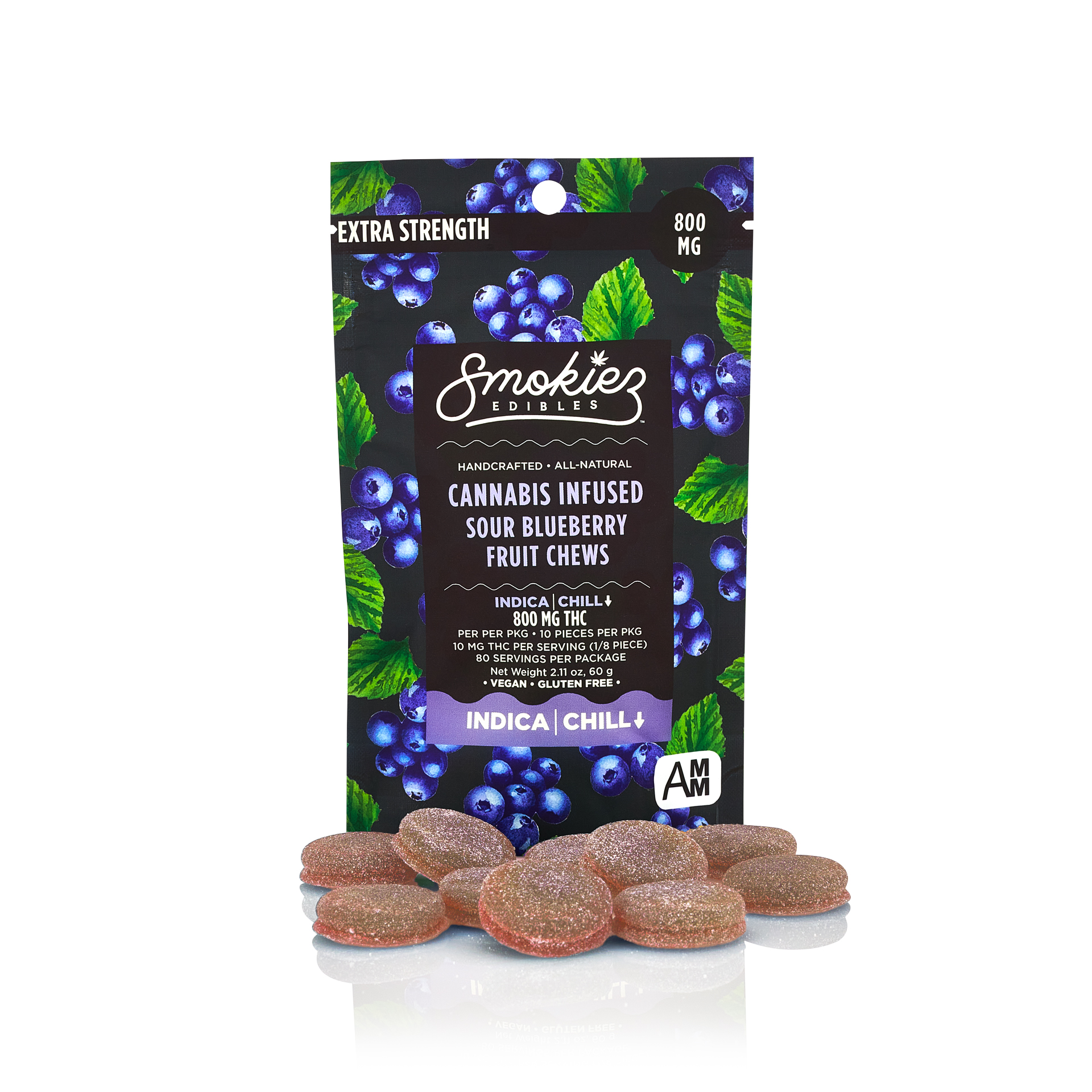 Photograph of product: Smokiez - Edible - Gummies - Sour Blueberry - Oui'd - 800MG