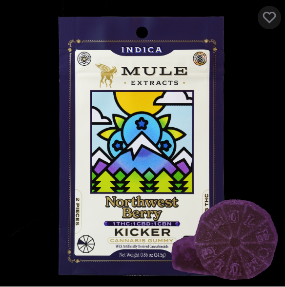 Photograph of product: Mule Kicker | 1:1:1 TH-oui:CBD:CBN NW Berry Live Resin Gummy | 100mg