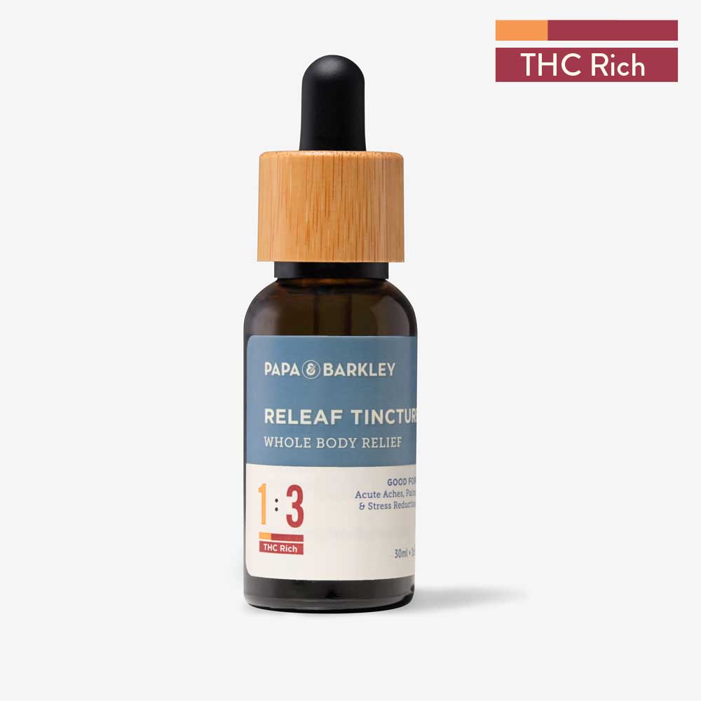 Photograph of Product: THC Rich 1:3 CBD:THC Releaf TINCTURE 30ml - Papa & Barkley