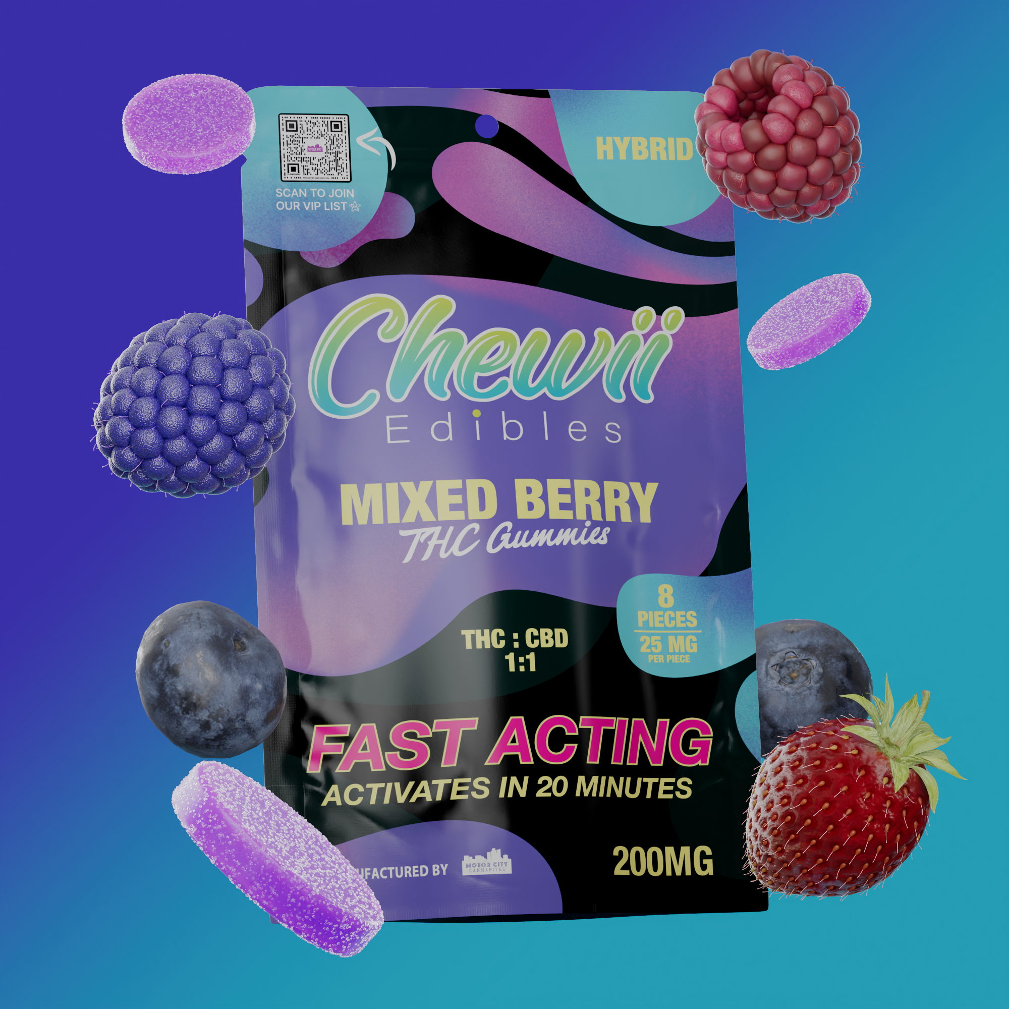 Photograph of product: CHEWII | MIXED BERRY 1:1 | GUMMIES | 200MG