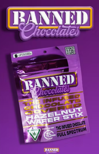 Photograph of product: Banned Chocolates - Hazelnut Wafer Stix - 200mg 3pk