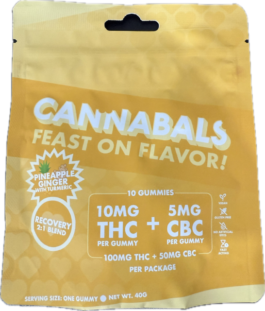Photograph of product: Cannabals | Gummies | Pineapple Ginger with Turmeric | Recovery  | 2:1 | TH-oui:CBC | 10mg | 10 Pack | 100mg | Oui'd