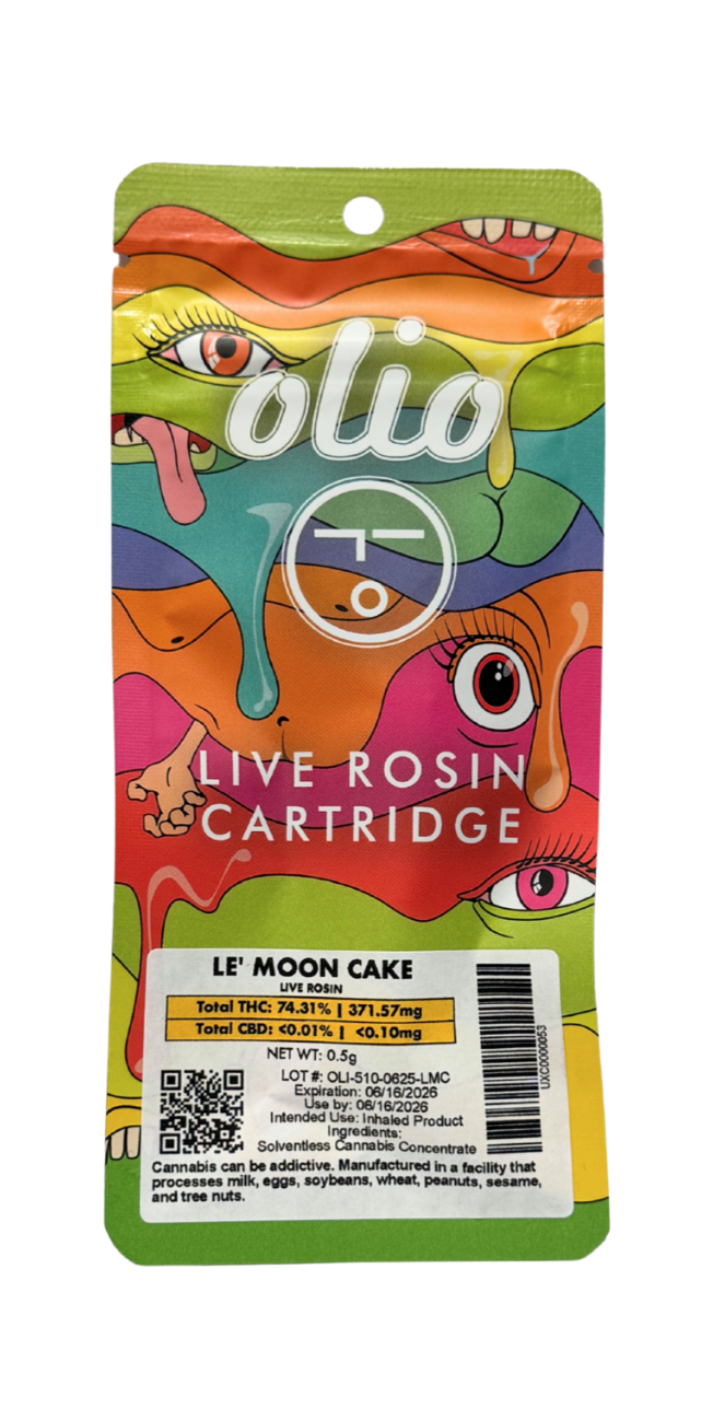 Photograph of product: Olio | Le' Moon Cake | Live Rosin Vape Cart | Oui'd-Hybrid