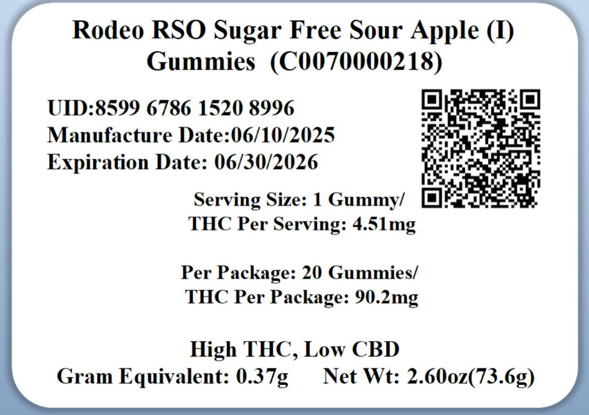Photograph of product: Rodeo RSO Sugar Free Sour Apple (I) Gummies (C0070000218)