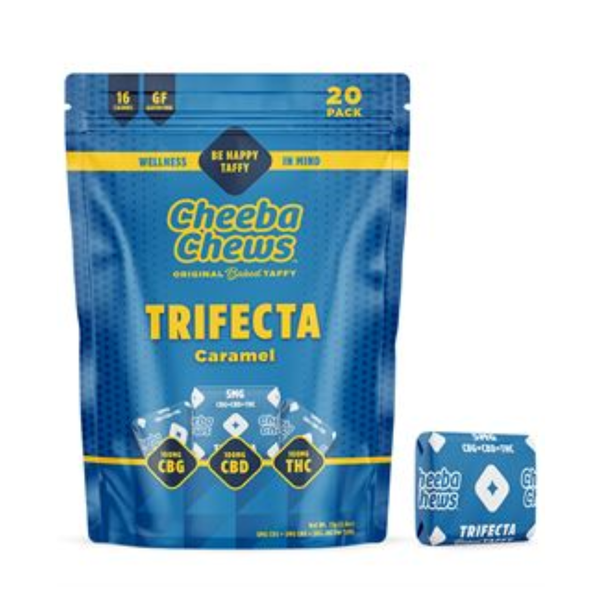 Photograph of product: Cheeba Chews | Trifecta 1:1:1 (TH-oui:CBD:CBG) Caramel Taffy | 20 Pack (100mg)