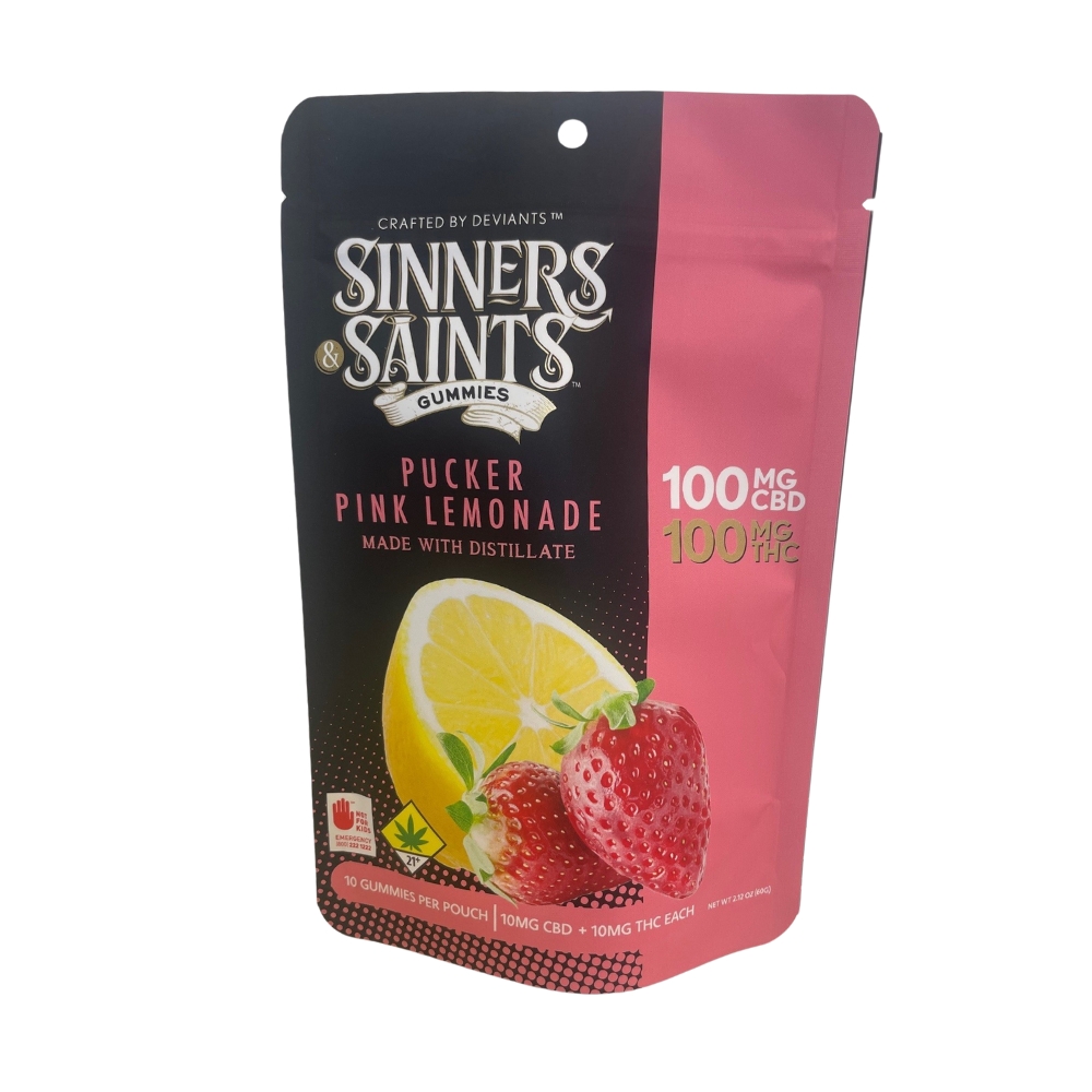 Photograph of product: Sinners & Saints | Pink Lemonade Gummies | DOH | 10pk | 1:1 TH-oui : CBD