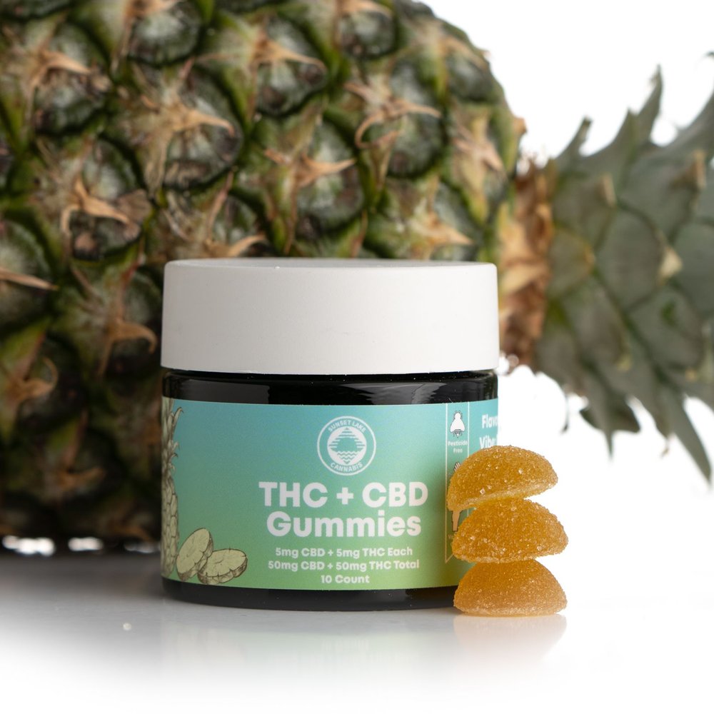 Photograph of product: Sunset Lake Pineapple TH-oui + CBD Gummies 5mg TH-oui/5mg CBD/20pk