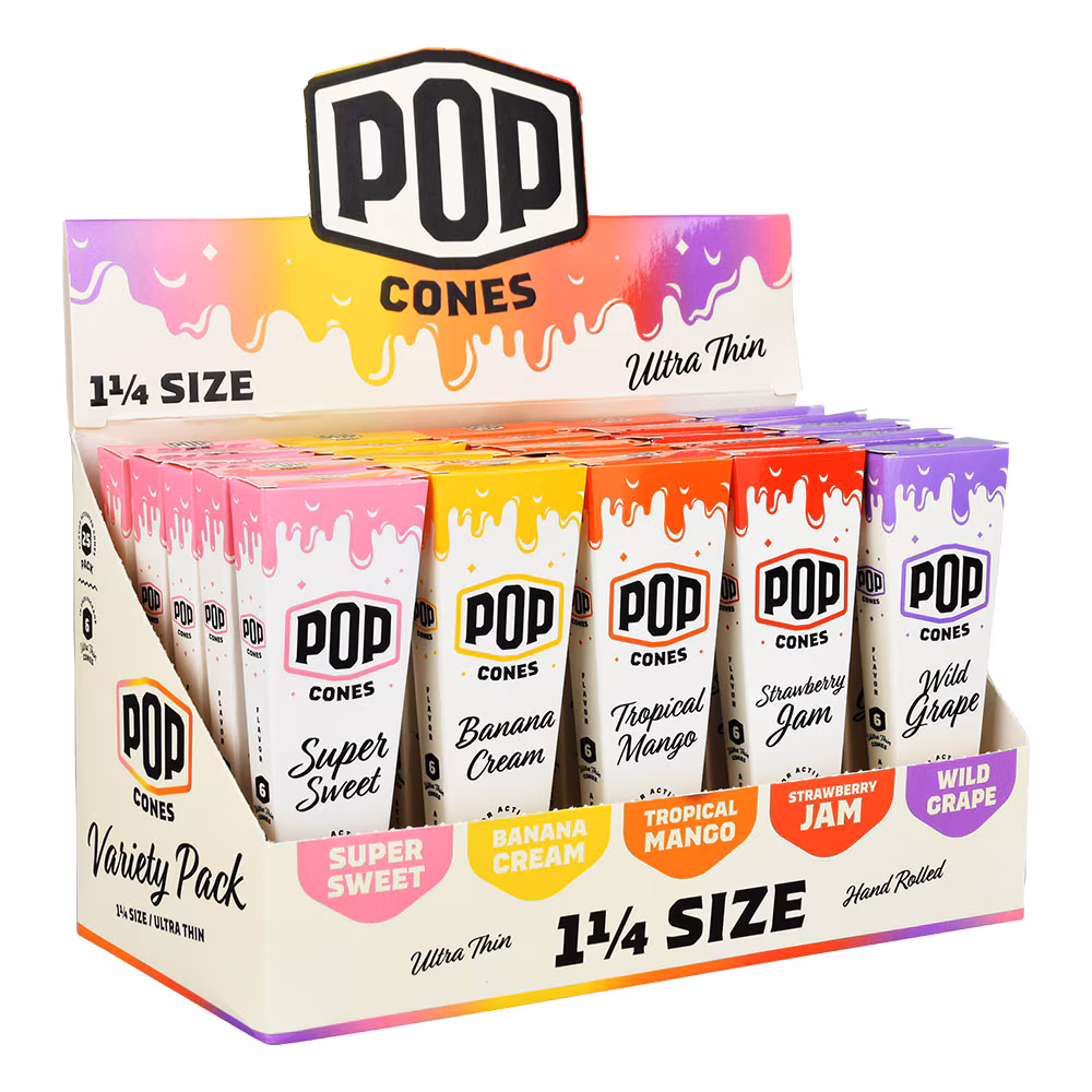 Photograph of product: Pop Ultra Thin 1 1/4" Cones | Assorted Flavors | - 6pk