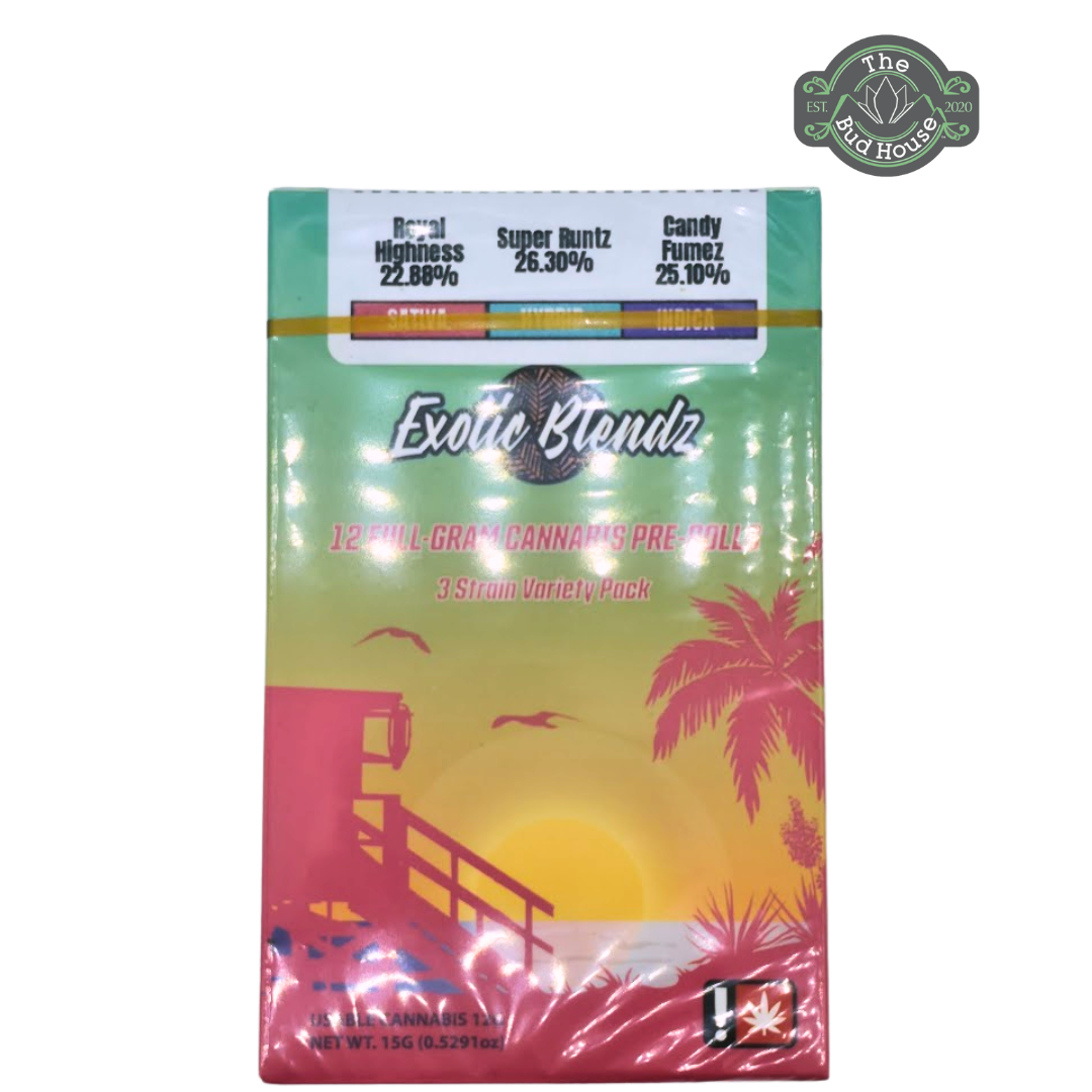 Photograph of product: Exotic Blendz 12pk ROYAL HIGHNESS(S)/SUPER RUNTZ(H)/CANDY FUMEZ(I) 1g Pre-Rolls