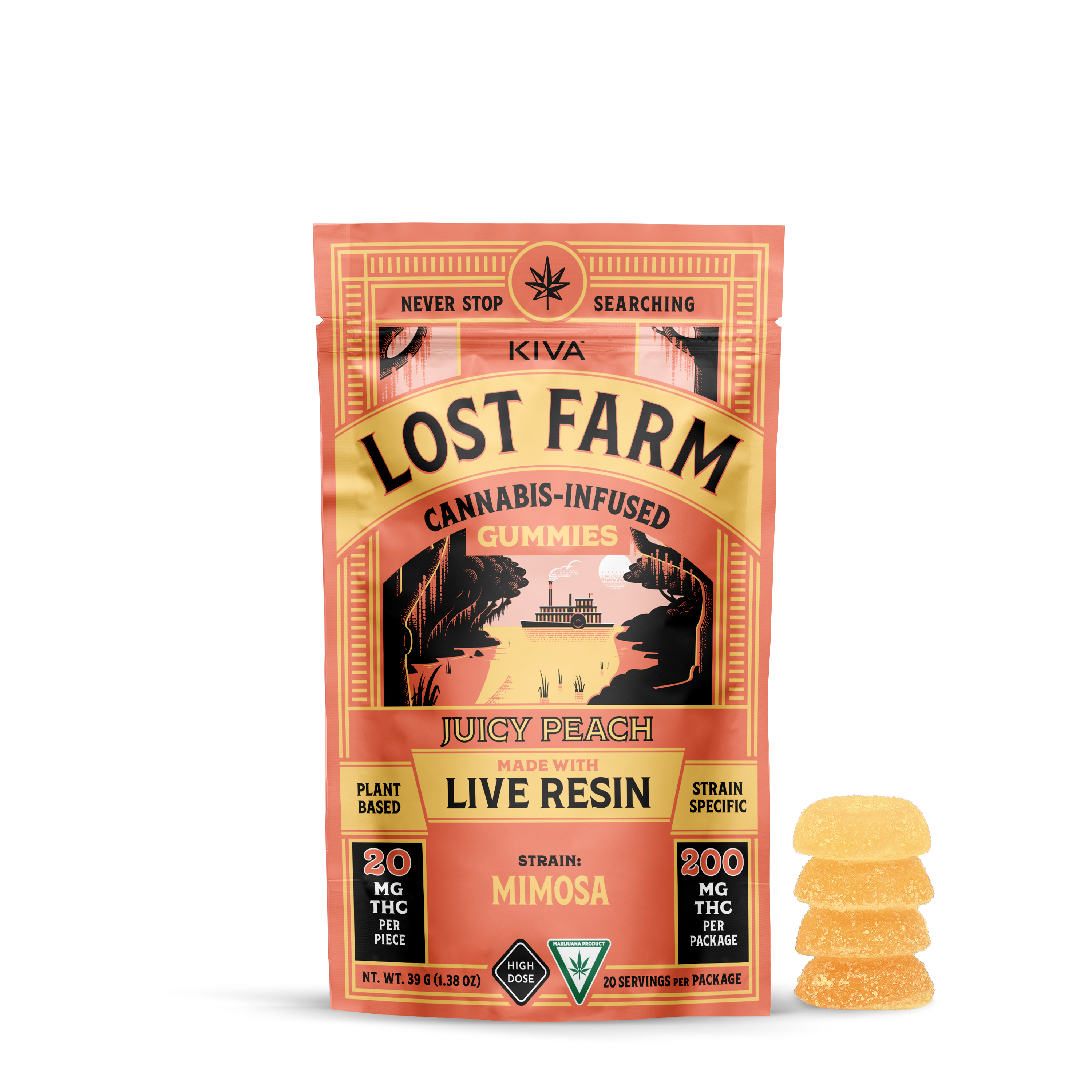 Photograph of Product: Lost Farm Juicy Peach x Mimosa Live Resin Gummies [10pk] (200mg THC)