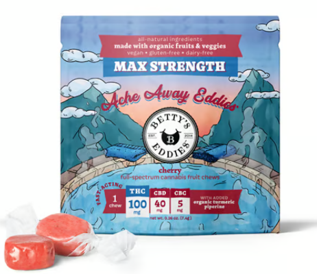 Photograph of product: Cherry (Max Strength) | 100mg TH-oui: 40mg CBD: 5mg CBC | Single Fruit Chew | Betty's Eddies