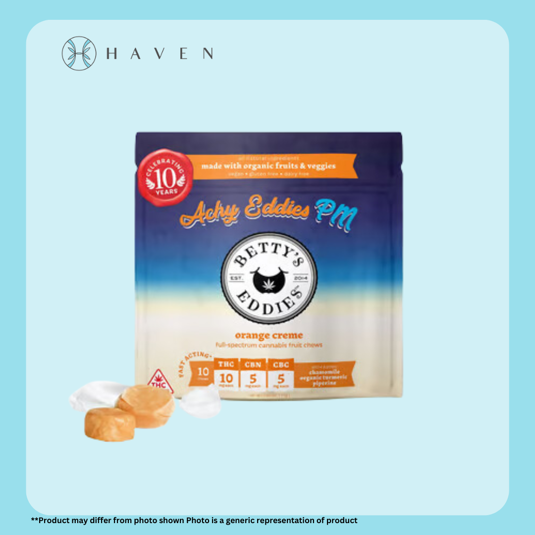 Photograph of product: 10mg 10:5:5 TH-oui:CBN:CBC Achy Orange Creme Eddies PM (10pk) | Betty's Eddies