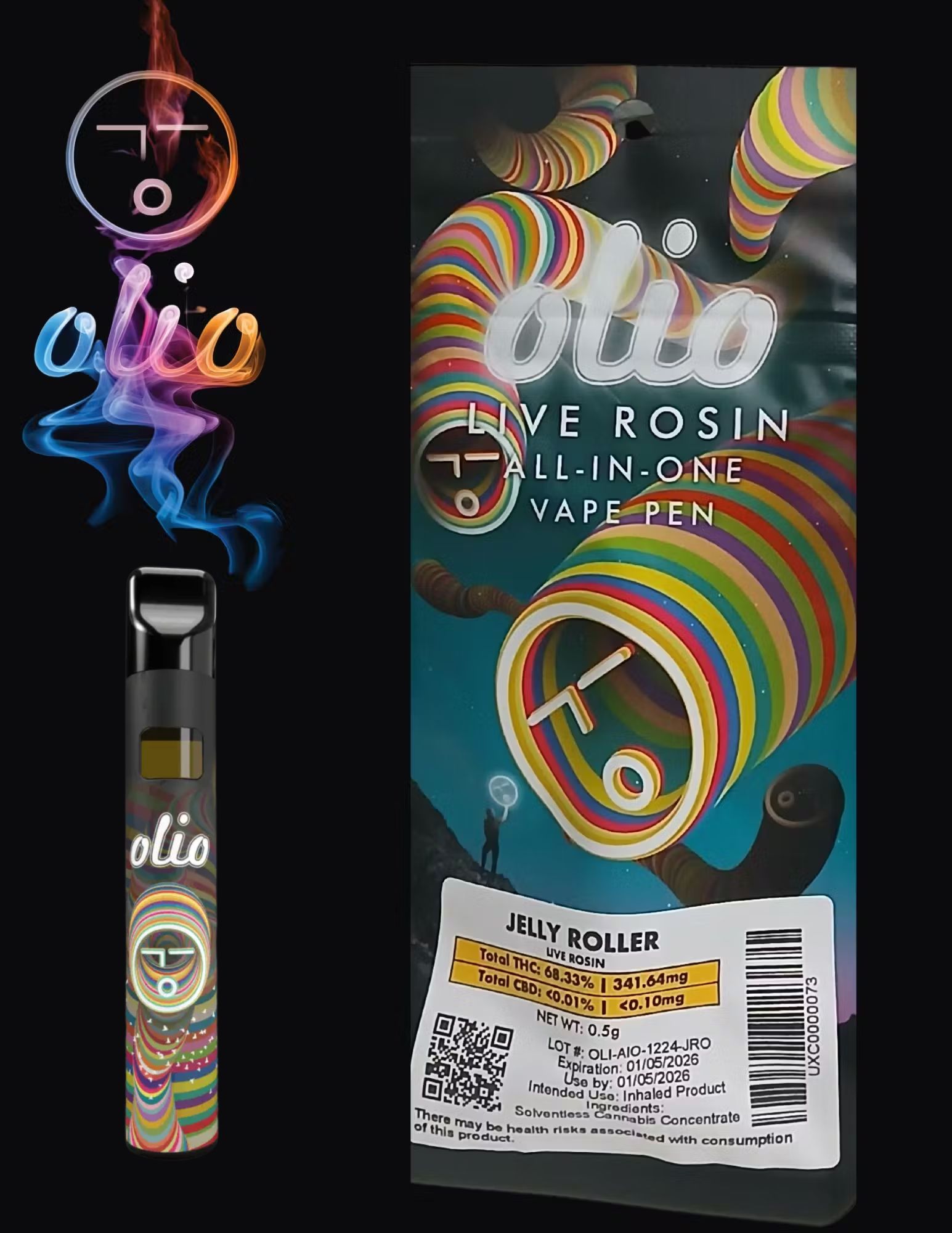 Photograph of product: Olio | Live Rosin | .5g AIO Vape | Jelly Roller