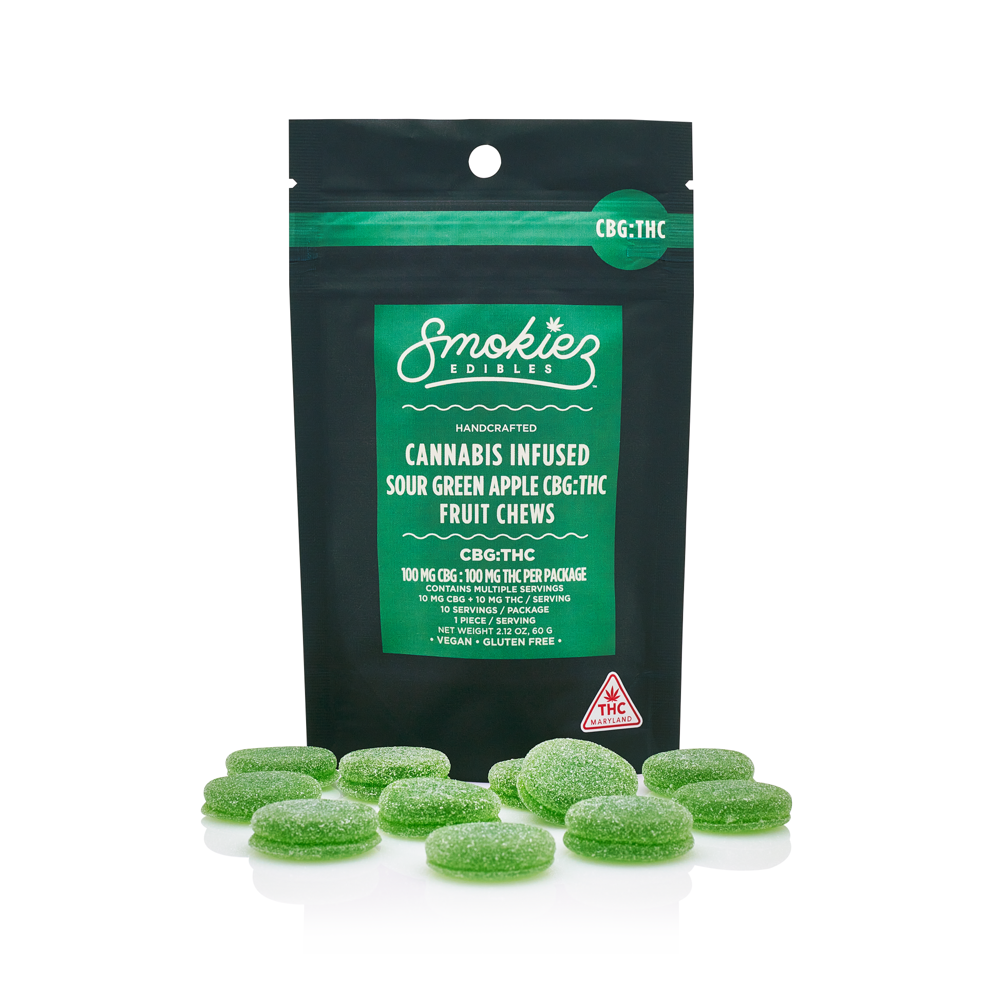 Photograph of product: Smokiez 10mg 1:1 Sour Green Apple Fruit Chews - 100mg CBG : 100mg TH-oui