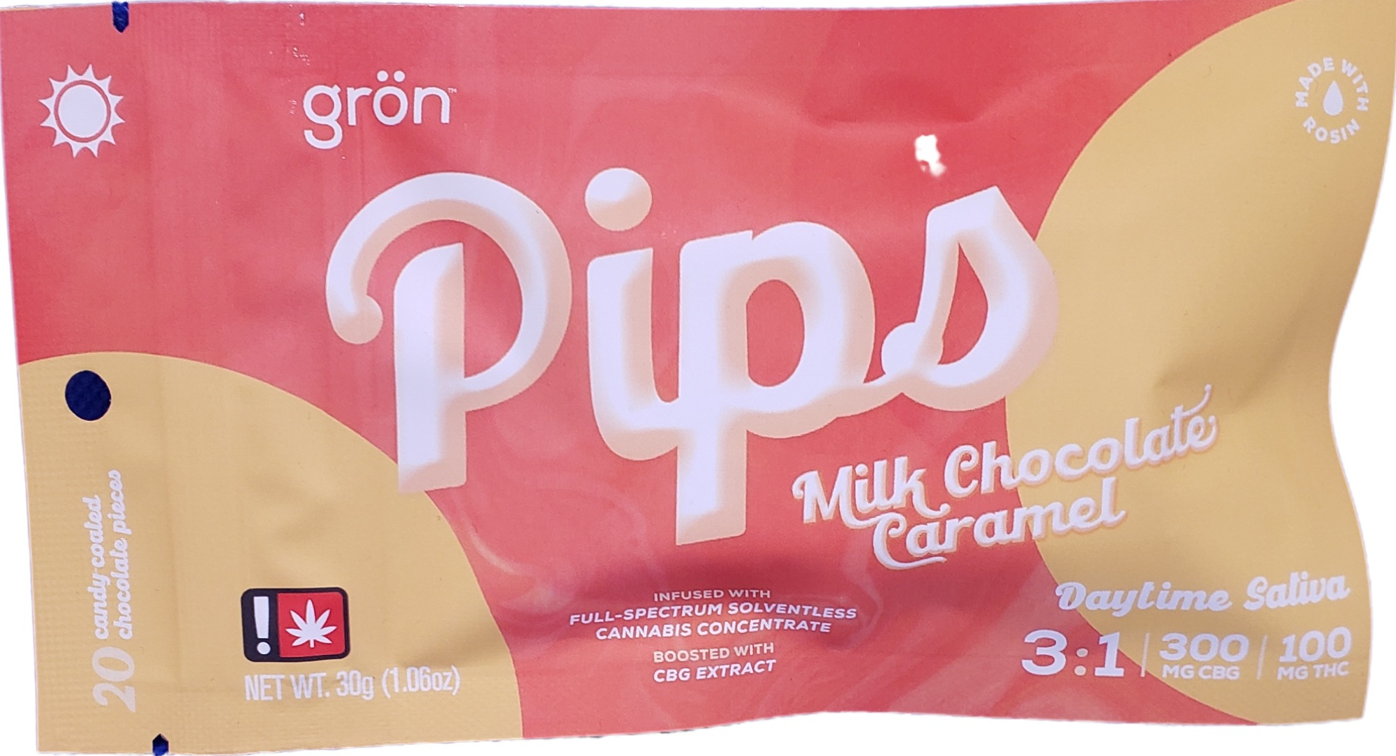 Photograph of product: Gron- 100mg 3:1 Milk Chocolate Caramel 20pk Pips