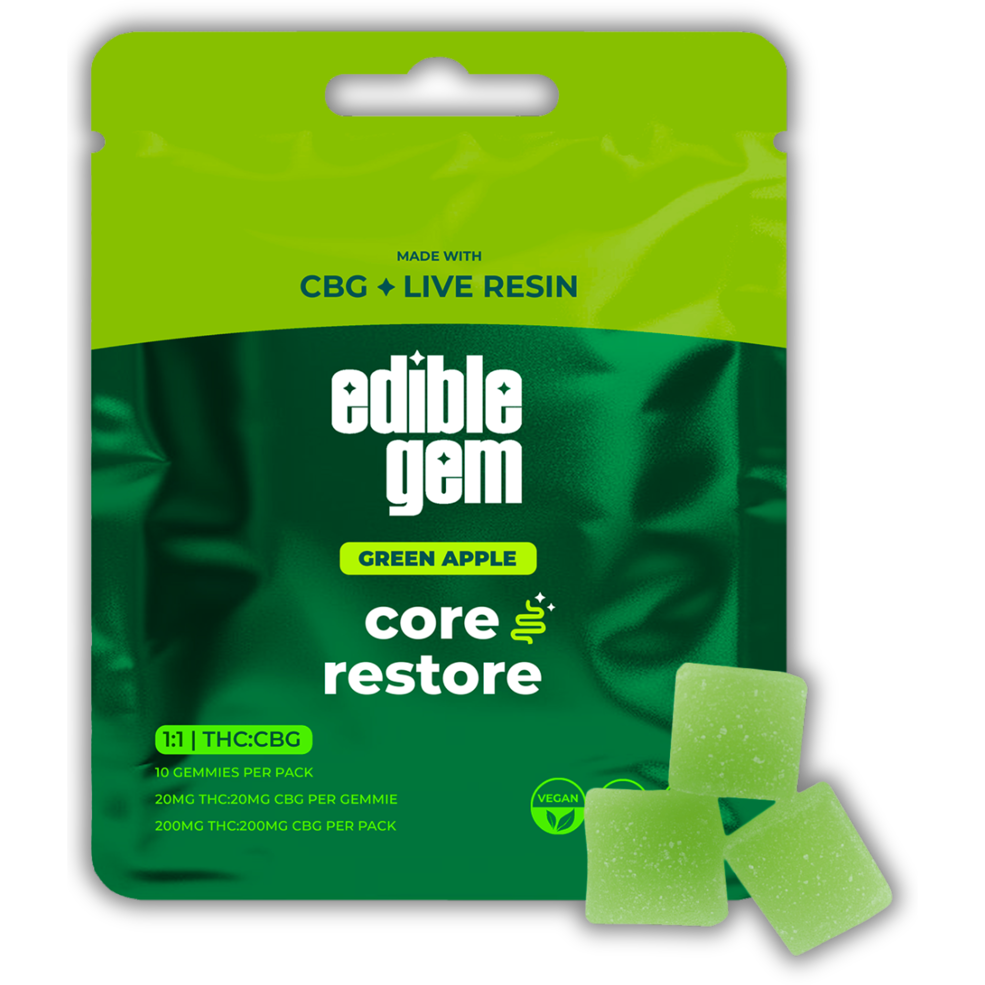 Photograph of product: Edible Gem | Live Resin Gummy | Green Apple | 1:1 TH-oui:CBG | 200mg