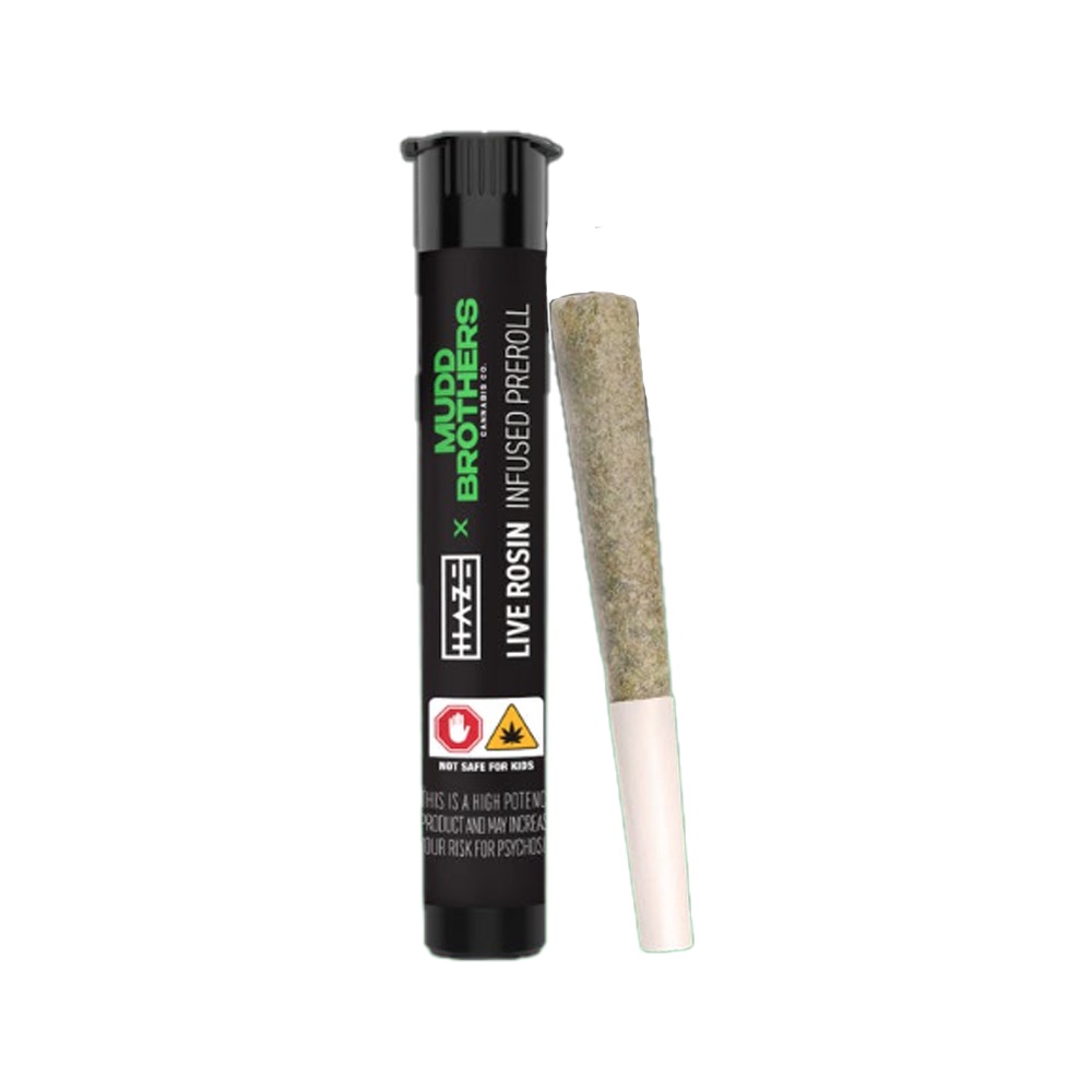 Photograph of product: Haze x Mudd Brothers | Infused Pre-Roll | Live Rosin | Tahoe Cream (H) x Zero Gravity (I) | 1g