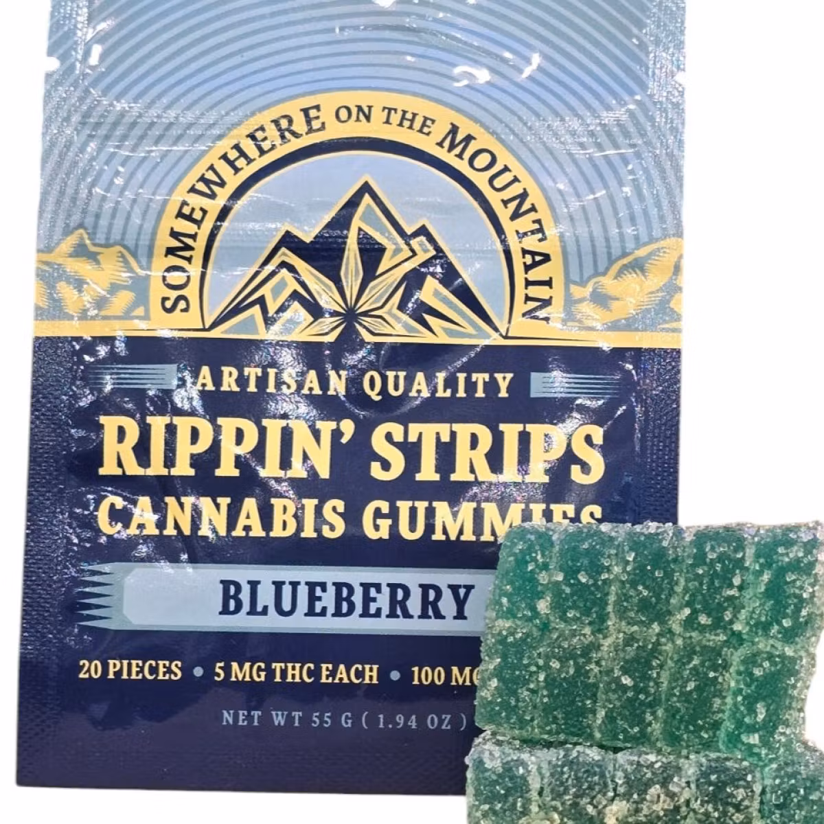 Photograph of product: Somewhere On The Mountain | Rippin' Strips | Blueberry | au chocolat Rosin | Gummies | 100MG (5MG ea)