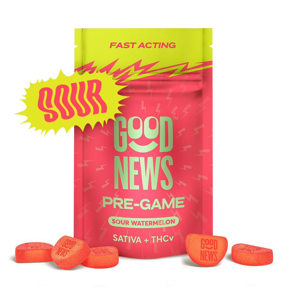 Photograph of product: GOOD NEWS Gummies Fast Acting 100mg: Pre Game Sour Watermelon 1:2 TH-oui:THV 10pc