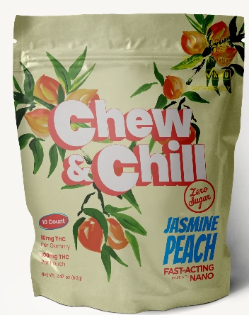 Photograph of Product: Chew & Chill Live Resin Sugar Free Gummies | 10mg THC 10 Pack | Jasmine Peach