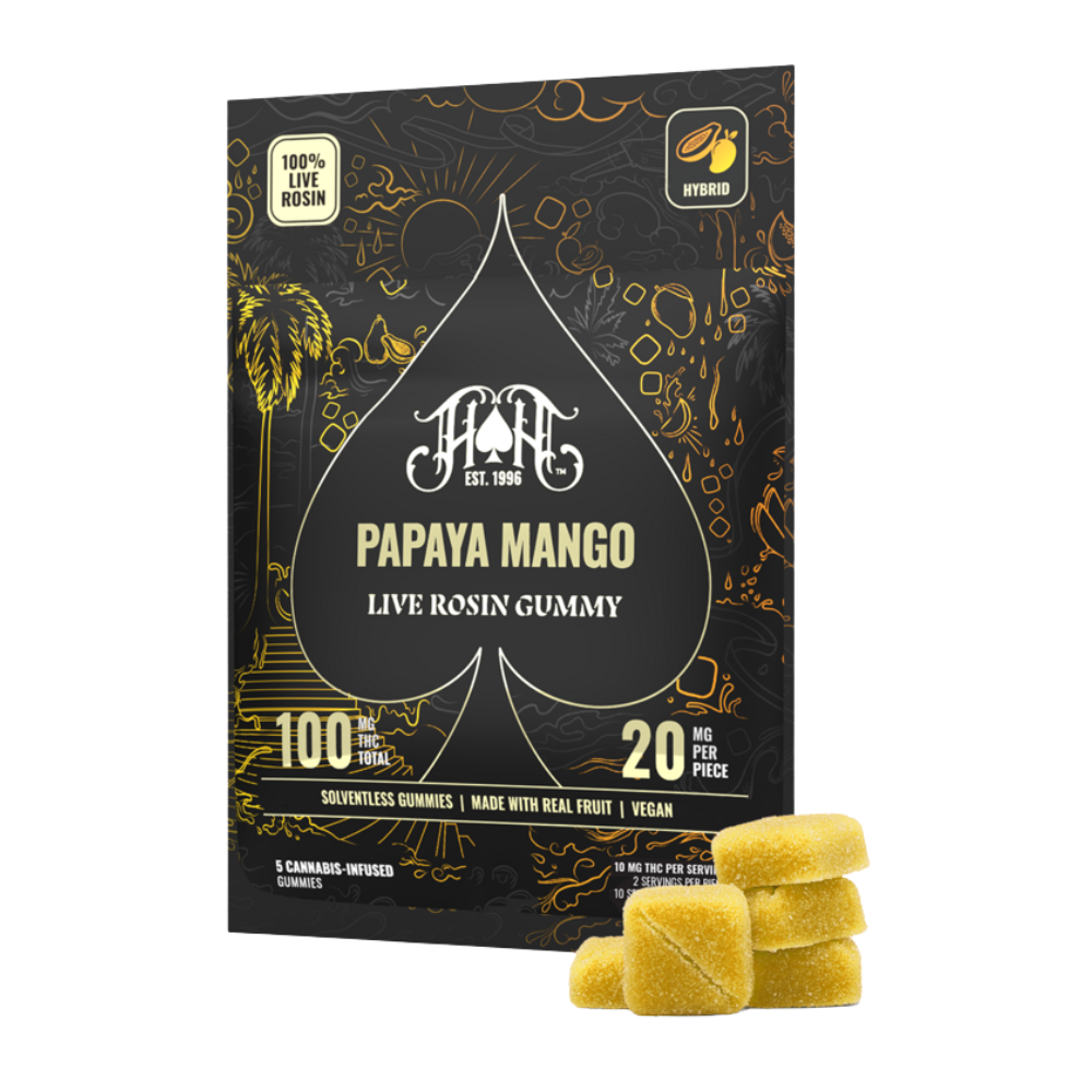 Photograph of product: Heavy Hitters | Papaya Mango | Gummies | Live Rosin | 5pk | 100mg