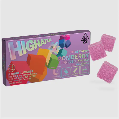 Photograph of product: Highatus | Pomberry Sour Gummies (I) 5:1 | 10mg THC / 2mg x 10 Sour Gummies