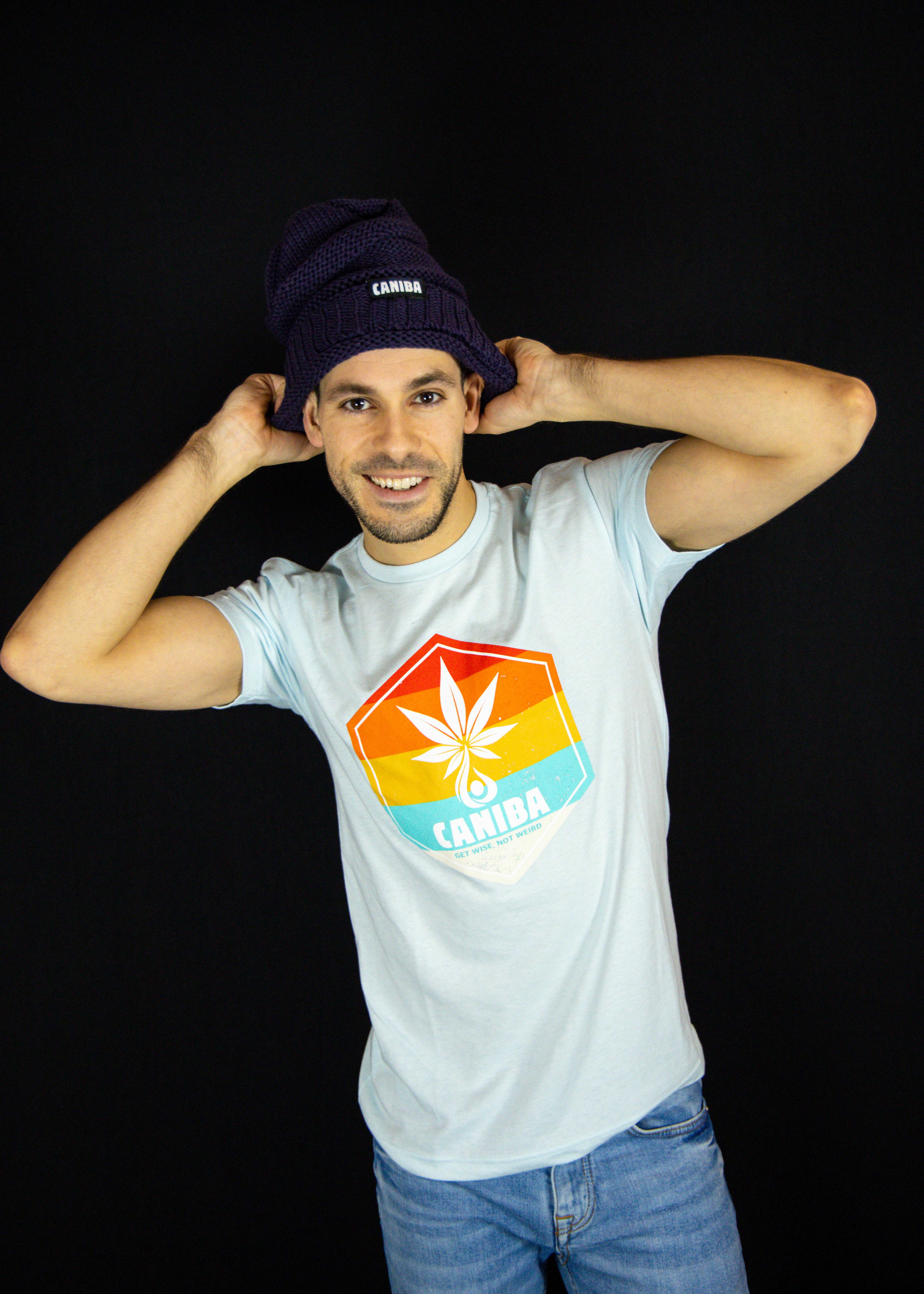 Photograph of product: T-Shirt. XL. Blue. Hexagon Badge. Caniba