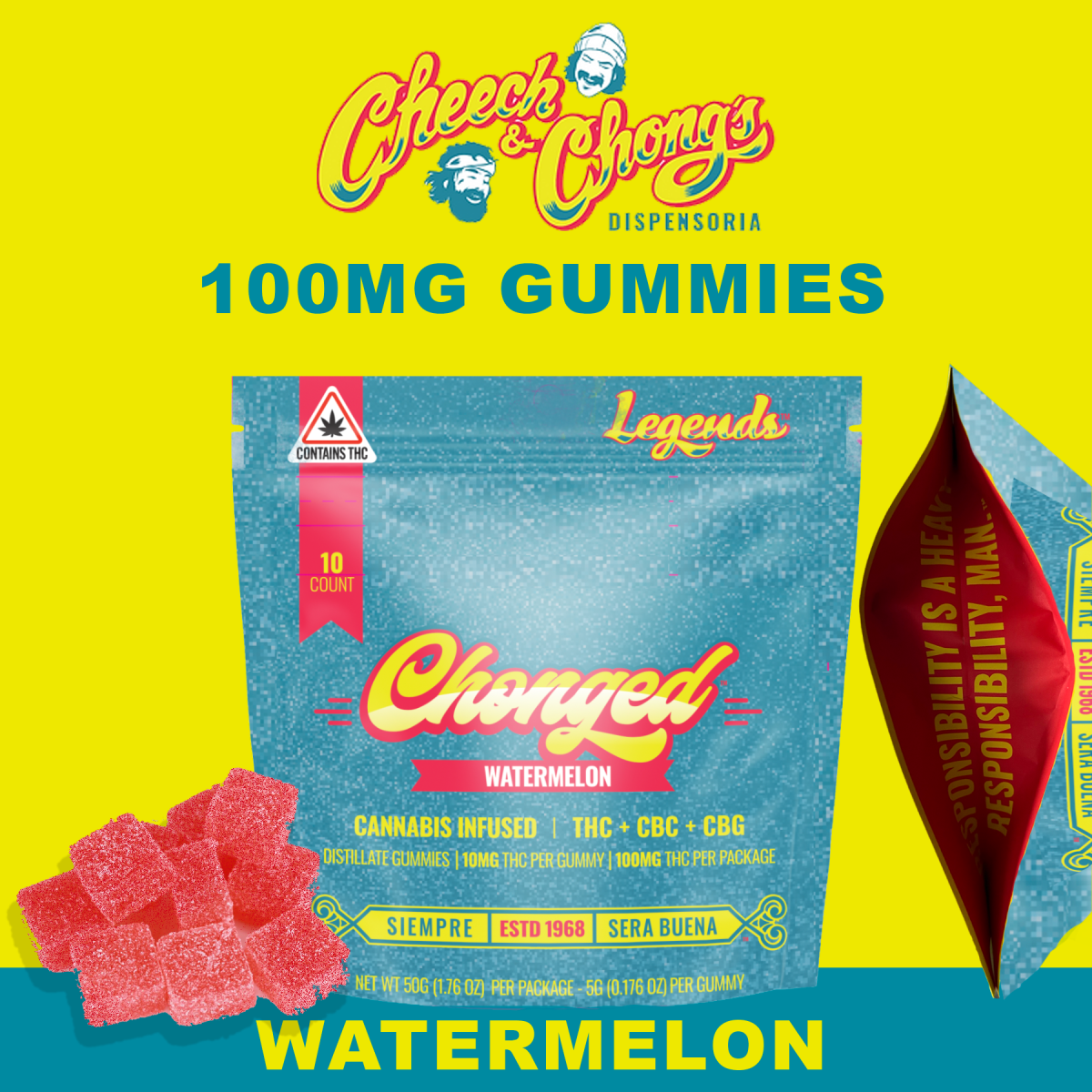Photograph of product: Cheech & Chong's Chonged Watermelon TH-oui+CBD+CBN 10mg 10pk Gummies