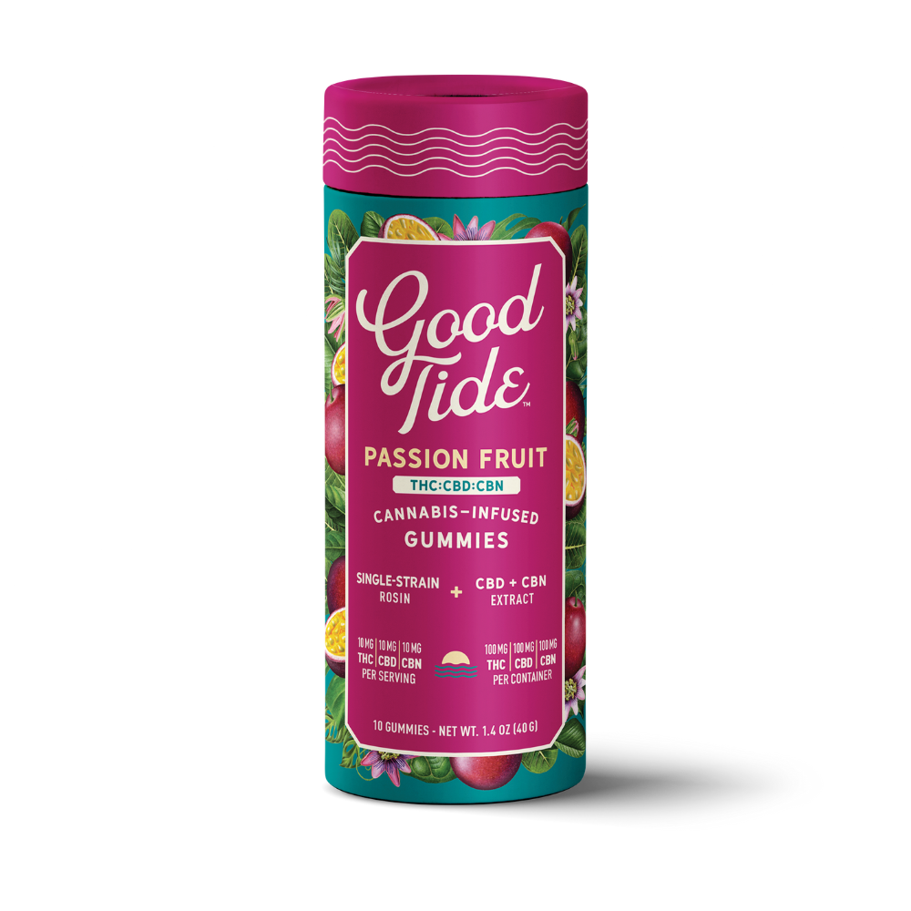 Photograph of product: Good Tide Passion Fruit Oui'd 1:1:1 TH-oui:CBD:CBN Gummies 100mg