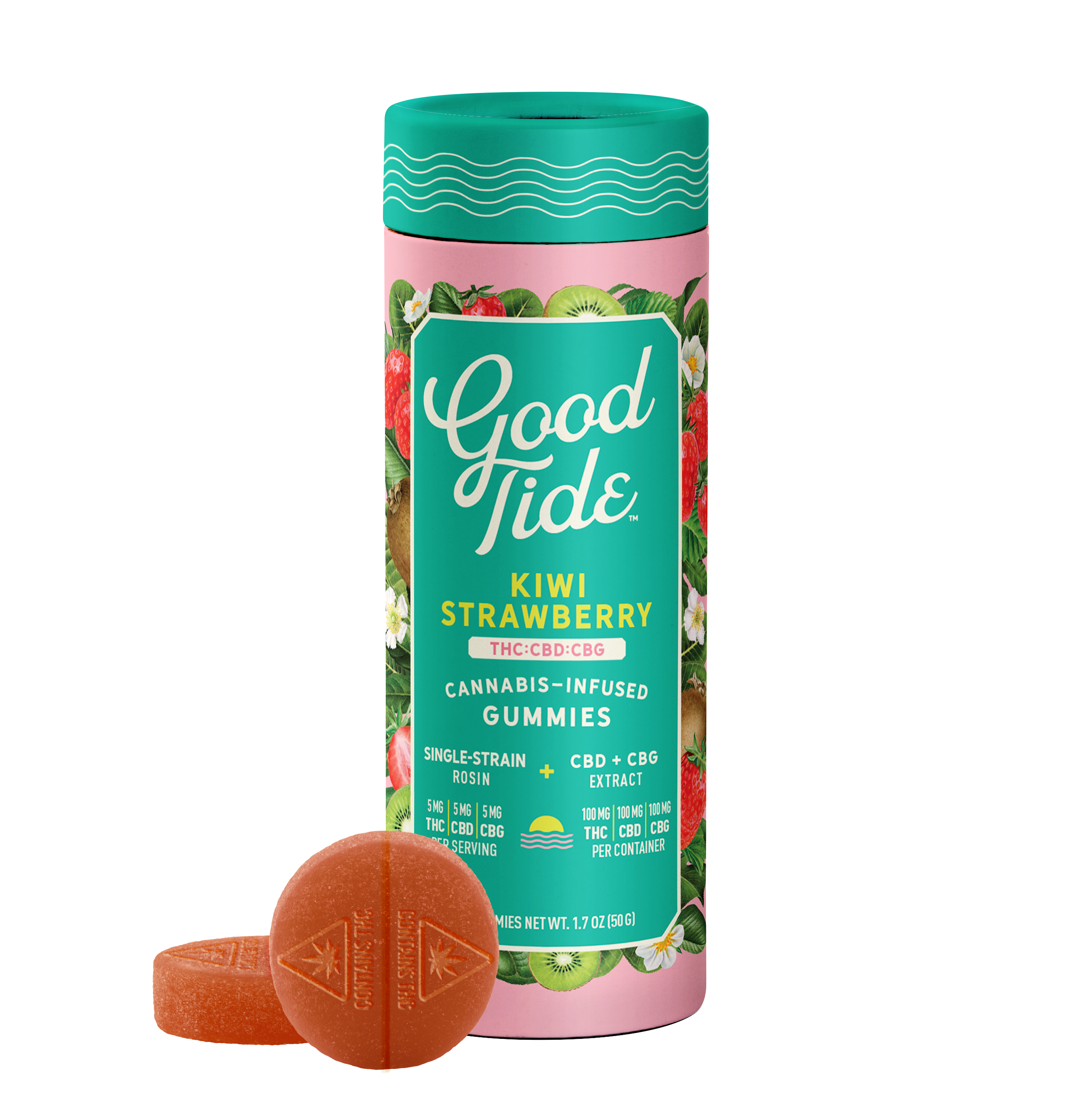 Photograph of product: 1:1:1 Kiwi Strawberry Rosin Gummies (THC:CBD:CBG) - 5mg/20pk