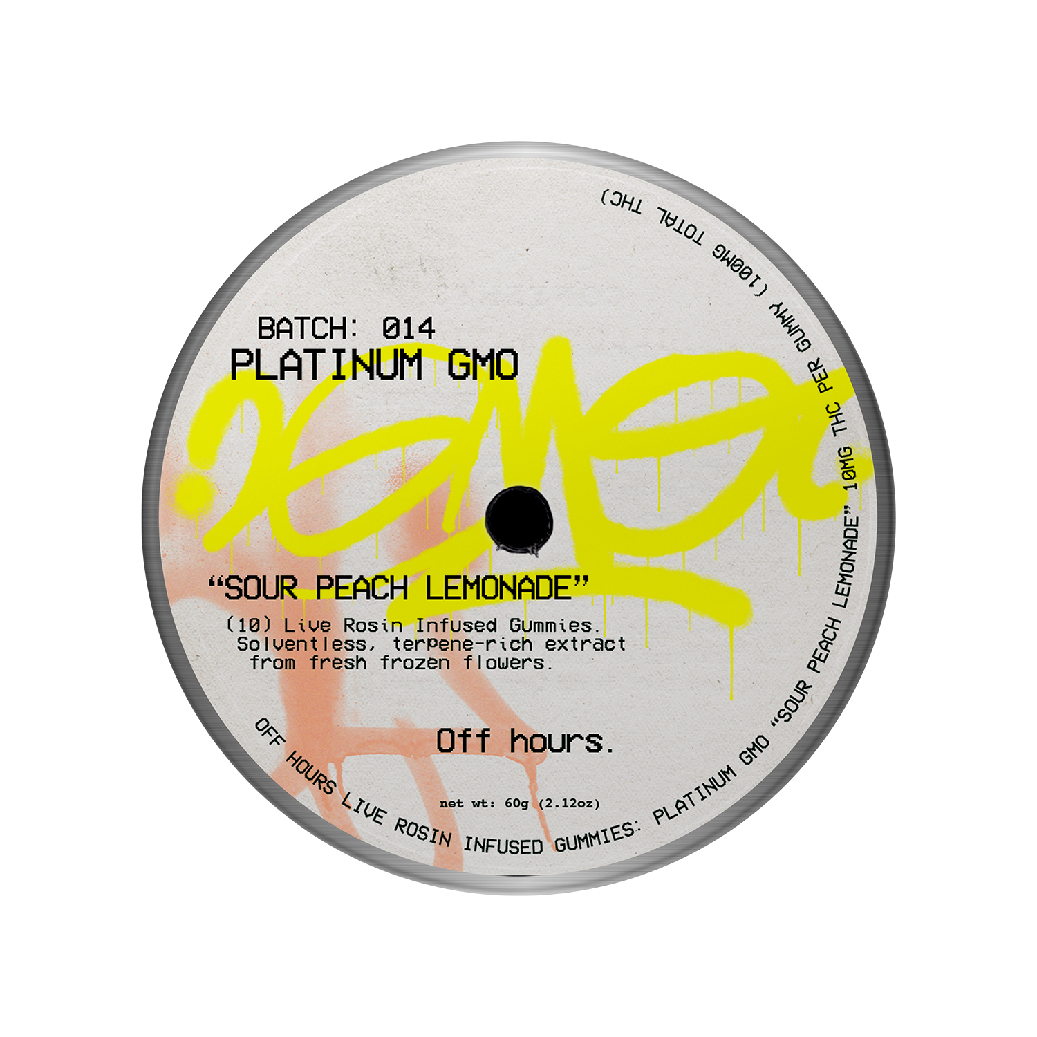 Photograph of Product: Platinum GMO "Sour Peach Lemonde" | 10ct. Live Rosin Gummies | Off Hours