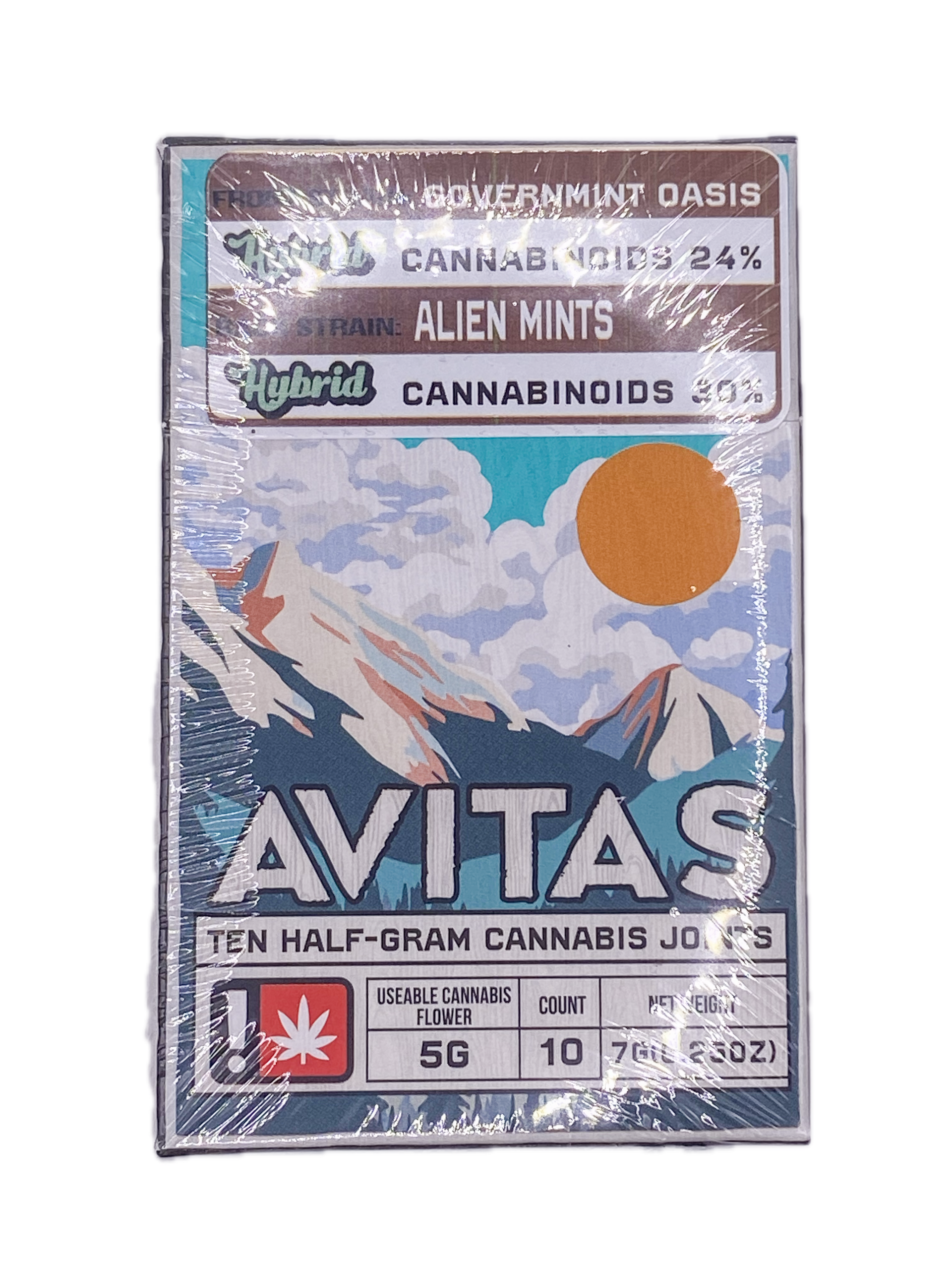 Photograph of product: AVITAS - PREROLL - 0.5G x 10 - HYBRID - GOVERMINT OASIS x ALIEN MINTS