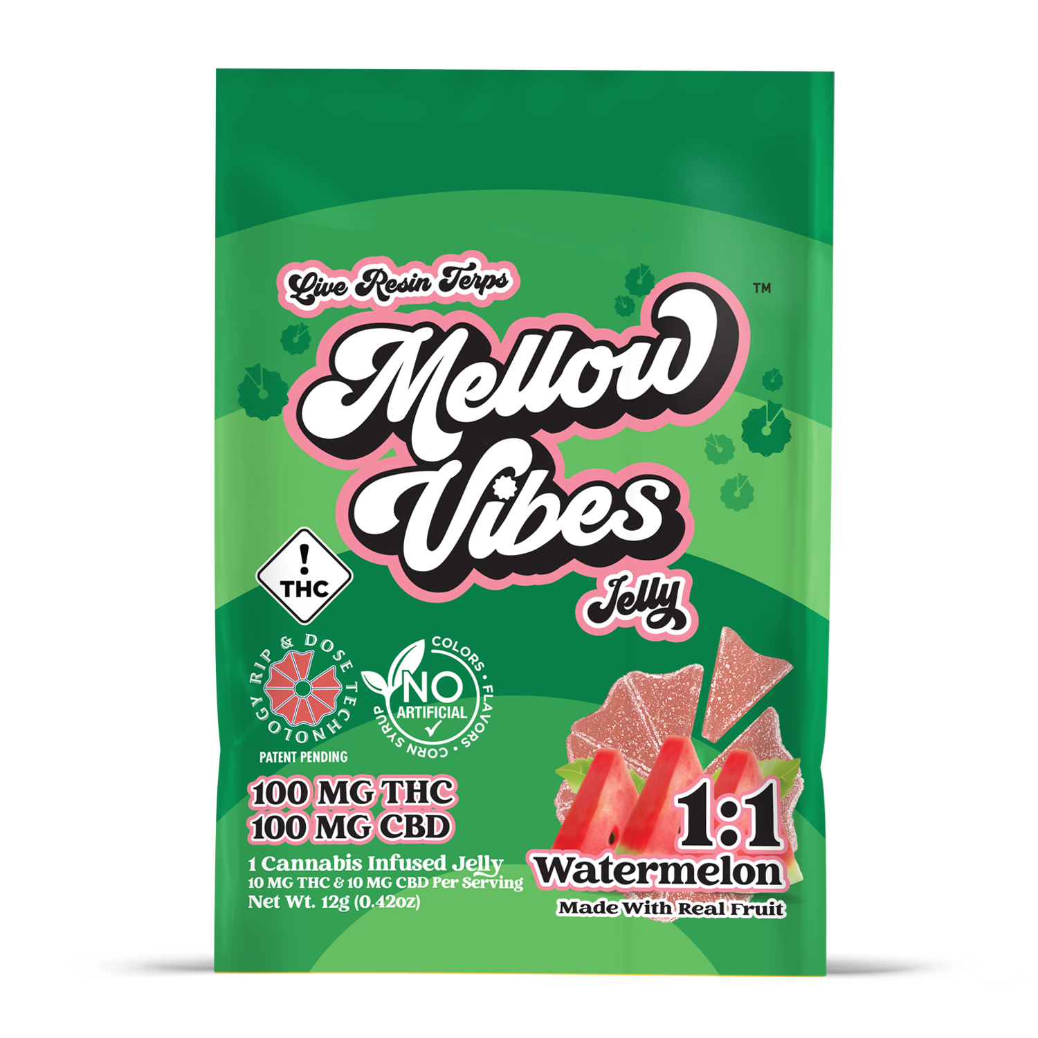 Photograph of product: MELLOW VIBES - GUMMIES - 100MG TH-oui / 100MG CBD - 1PK - WATERMELON - HYBRID