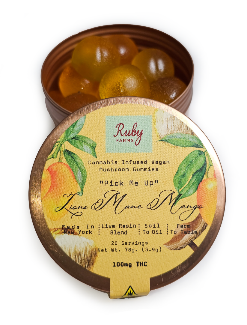Photograph of product: Lions Mane Mango "Pick Me Up" | 100mg TH-oui | 20 Pack | Gummies | Ruby Farms