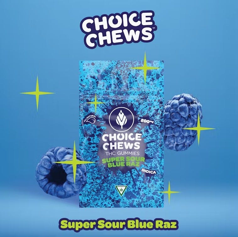 Photograph of product: CHOICE | CHEWS | 200MG | SUPER SOUR BLUE RAZZ