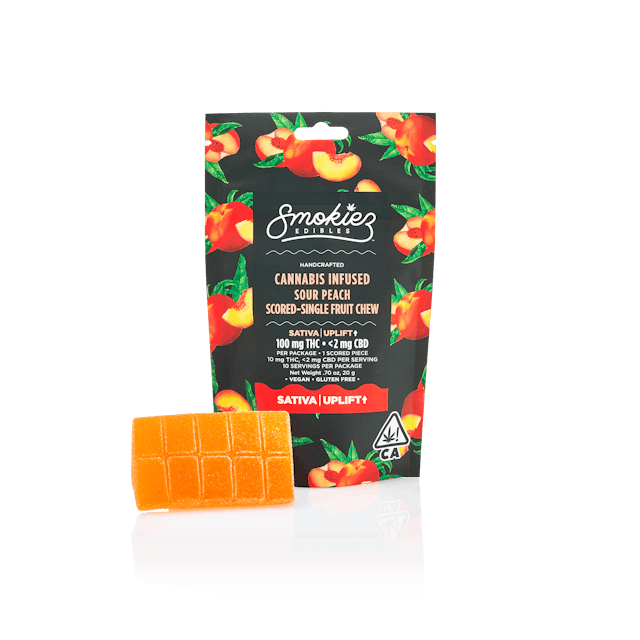 Photograph of product: Single | Oui'd "Uplift" Sour Peach TH-oui Scored Fruit Chews - 100mg - 