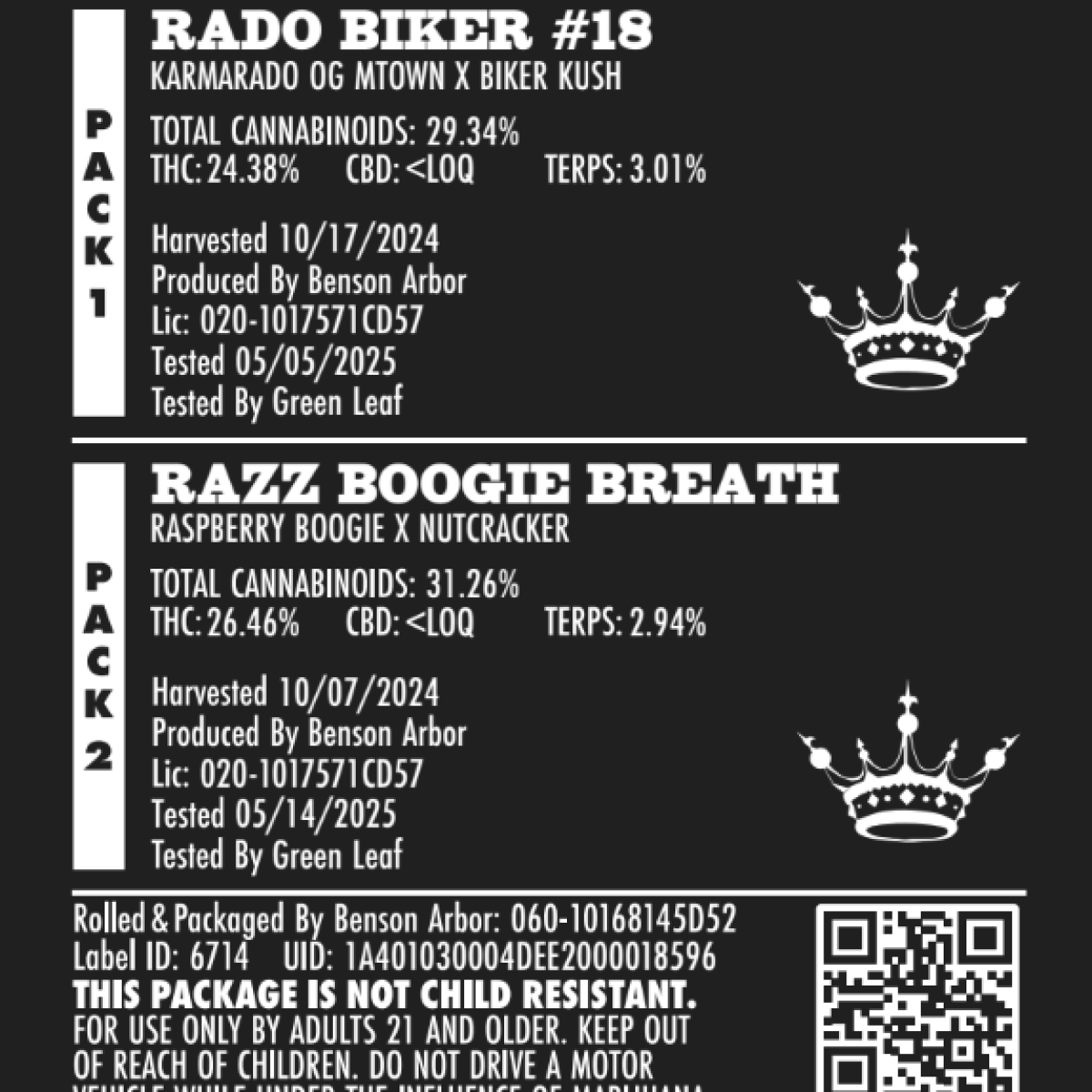 Photograph of product: Pre Roll - Benson Arbor - Rado Biker #18/Razz Boogie Breath (12 pack)