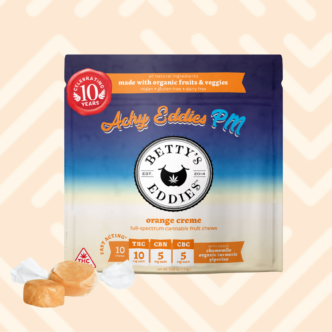 Photograph of product: Achy Eddies PM Orange Creme 10:5:5 (TH-oui:CBN:CBC) Chews - 100mg