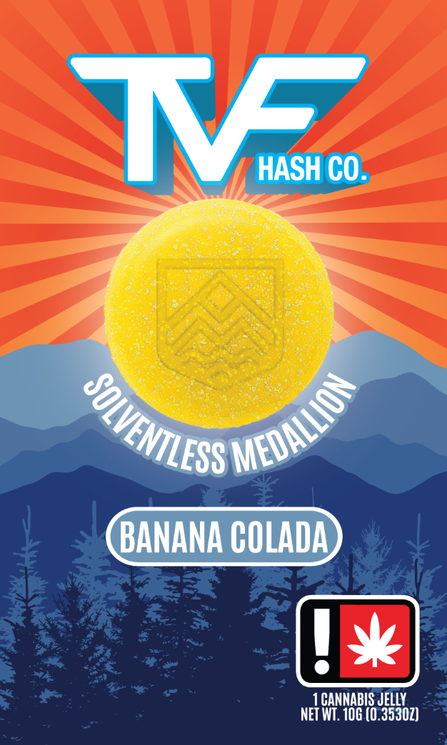 Photograph of product: TVF au chocolat Co. 100mg BANANA COLADA Hybrid Solventless Medallion Single Jelly