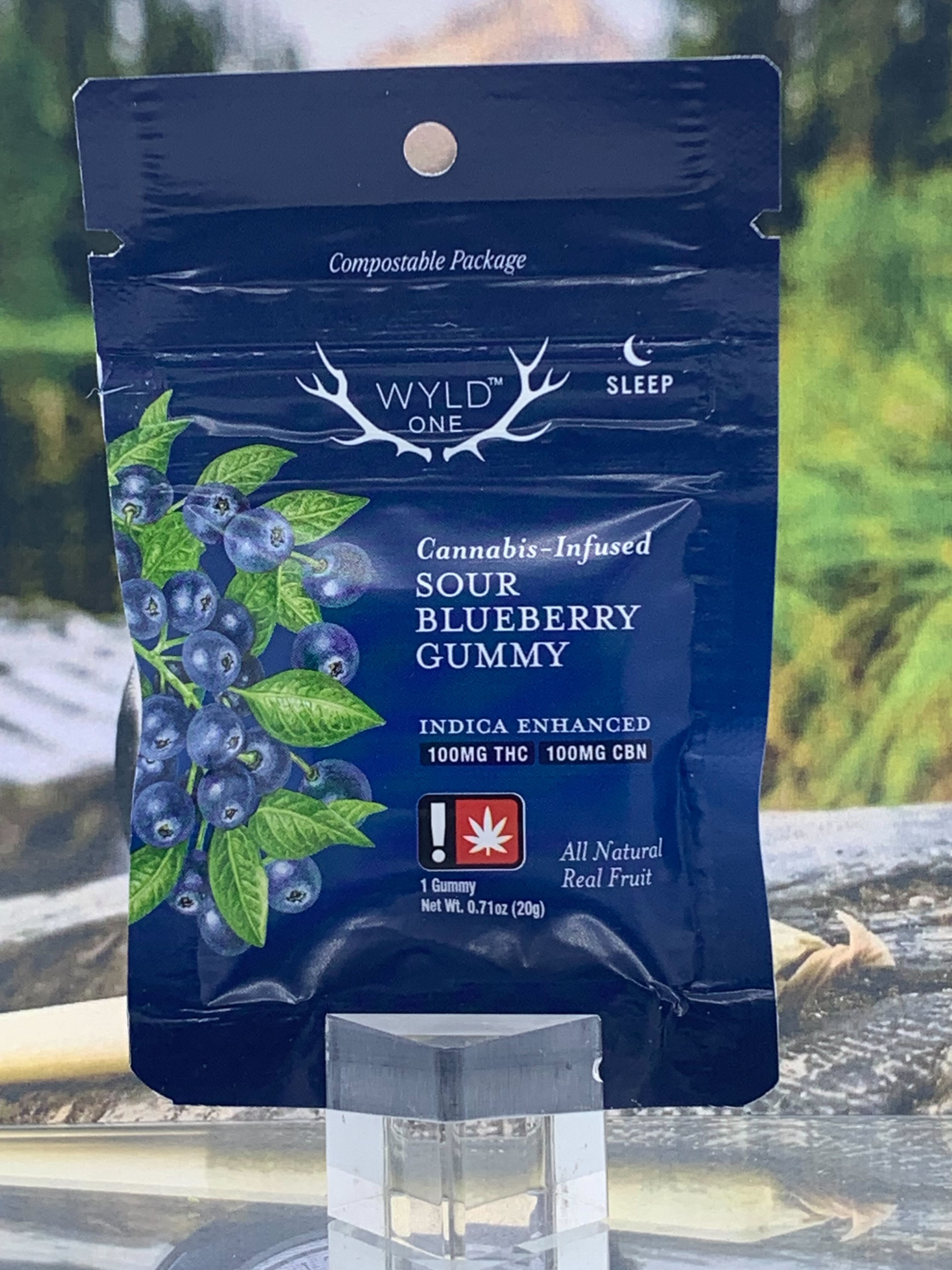 Photograph of product: Gummy | 1:1 Sour Blueberry Wyld Ones TH-oui/CBN | 100mg:100mg