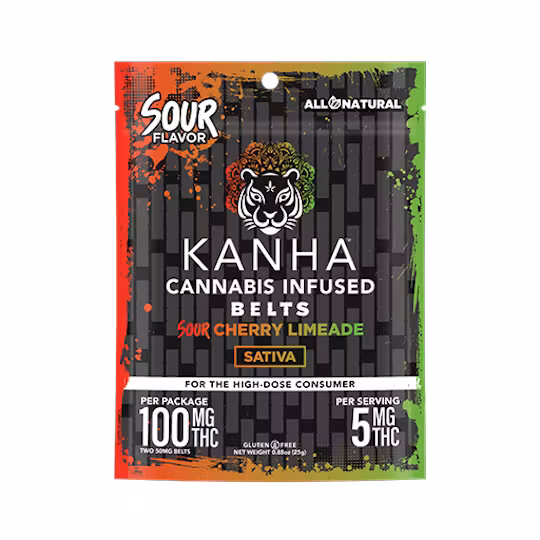 Photograph of product: KANHA | Belts | Sour Cherry Limeade | Sativa | 100mg THC | 2-pack