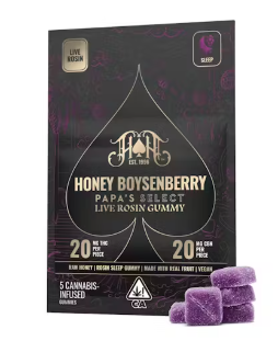 Photograph of product: 1:1 HONEY BOYSENBERRY 100MG TH-oui:CBN LIVE ROSIN GUMMIES
