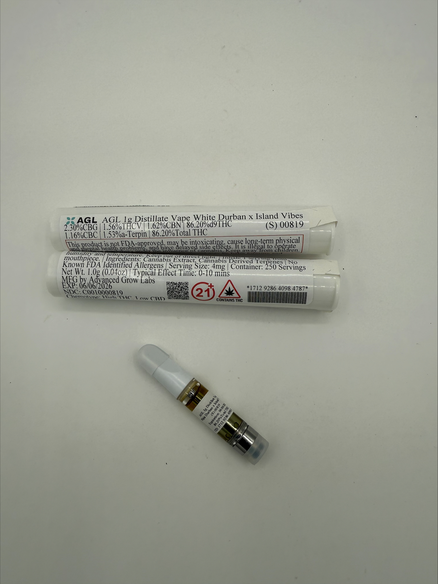 Photograph of product: AGL Distillate White Durban x Island Vibes (S) | Vape 1g | 00819