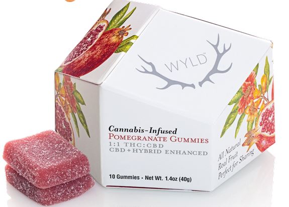 Photograph of product: Wyld Gummies Pomegranate 100mg TH-oui:100mg CBD 10 pack
